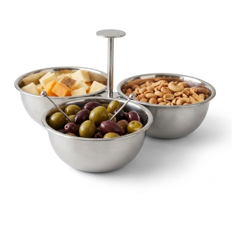 Bol triplu Ø 10 cm pentru servire, pentru snacksuri, din inox, 22 x 22 x 11.50 cm, Grunberg IGR7058 