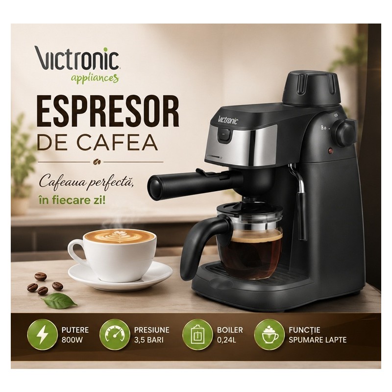 Espressor, 3.5 bar, 800 W, 240 ml, Victronic VC3404 (negru)