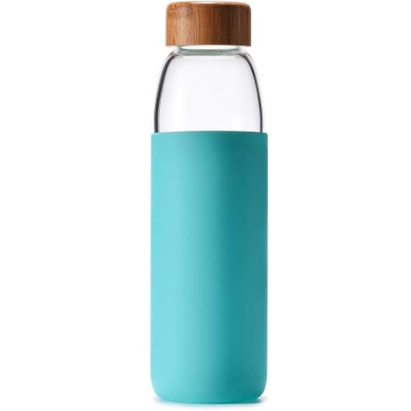 Recipient din sticla termorezistenta cu capac bambus si husa din silicon pentru protectie - 550 ml