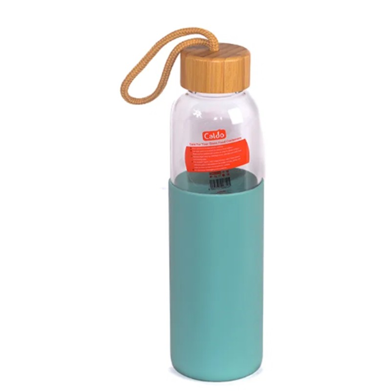 Recipient din sticla termorezistenta cu capac bambus si husa din silicon pentru protectie - 600 ml