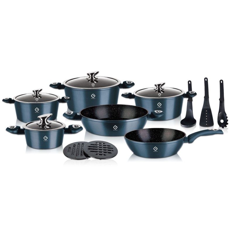 Set 15 piese: 6 vase din aluminiu, compatibile plita inductie, 4 capace, 3 ustensile, 2 suport, Grunberg GR2715 (albastru)