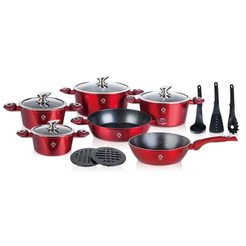 Set 15 piese: 6 vase din aluminiu, compatibile plita inductie, 4 capace sticla, 3 ustensile, 2 suport, Grunberg GR2715 (rosu)