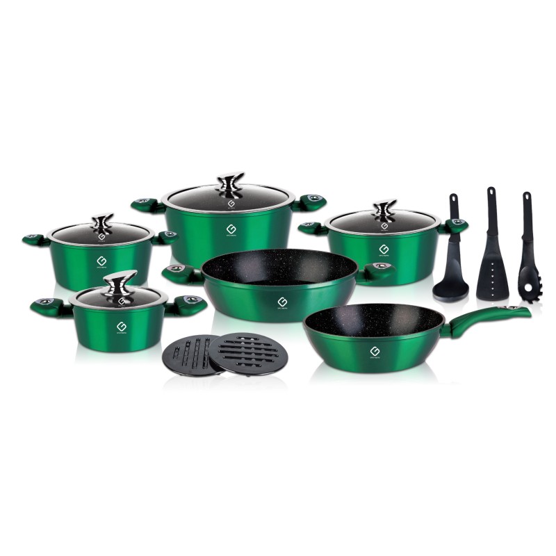 Set 15 piese: 6 vase din aluminiu, compatibile plita inductie, 4 capace sticla, 3 ustensile, 2 suport, Grunberg GR2715 (verde)