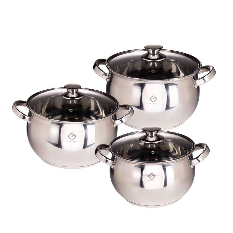 Set 3 oale din inox, 3 capace din sticla, 4, 5.50 si 7 l, Grunberg
