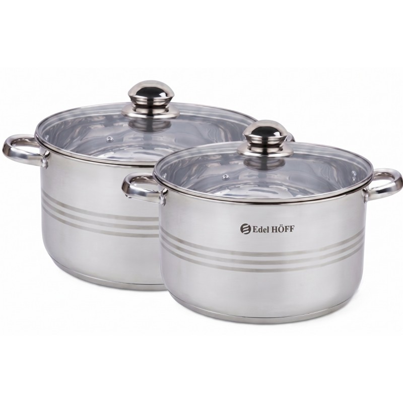 Set 4 piese: 2 vase din inox, compatibile cu plita cu inductie, cu capace din sticla, 30 si 32 cm, EdelHOFF EH9321  