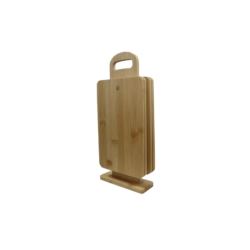 Set 4 tocatoare cu suport.
Suport : cca 14 x 5.4 x 32.8 cm
Tocator : cca 14 x 23 x 0.8 cm