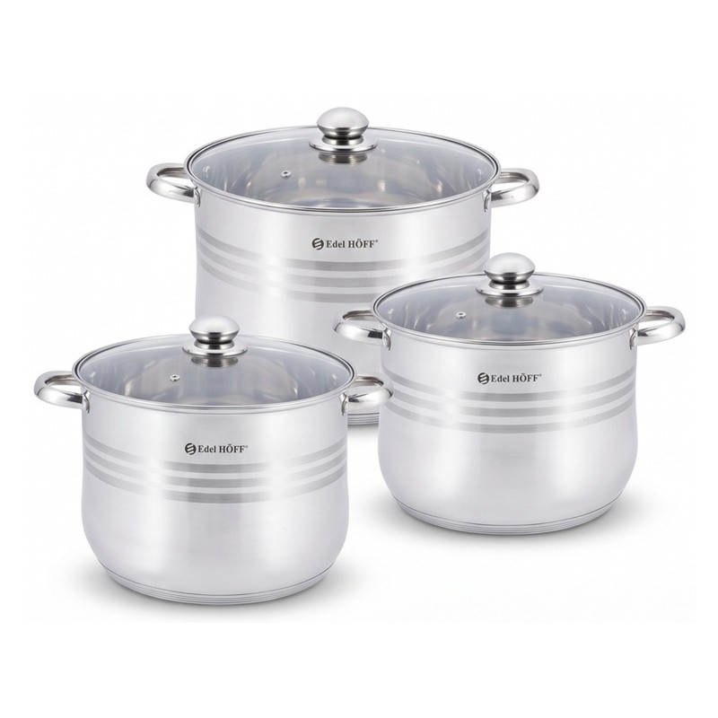 Set 6 piese: 3 vase din inox, compatibile cu plita cu inductie, cu capace din sticla, 30, 32 si 34 cm, EdelHOFF EH9056 