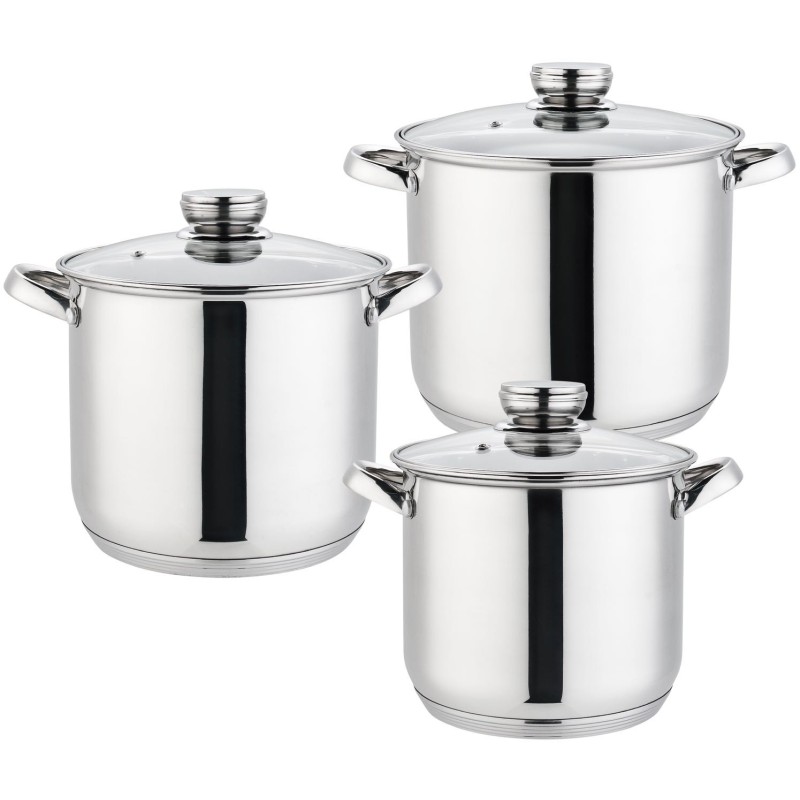 Set 6 piese: 3 vase din inox, compatibile cu plita cu inductie, cu capace din sticla, Grunberg GR1051