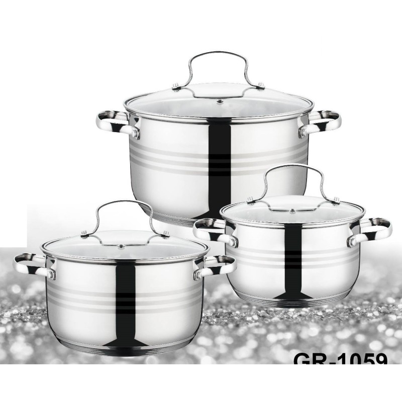 Set 6 piese: 3 vase din inox, compatibile cu plita cu inductie, cu capace din sticla, Grunberg GR1059