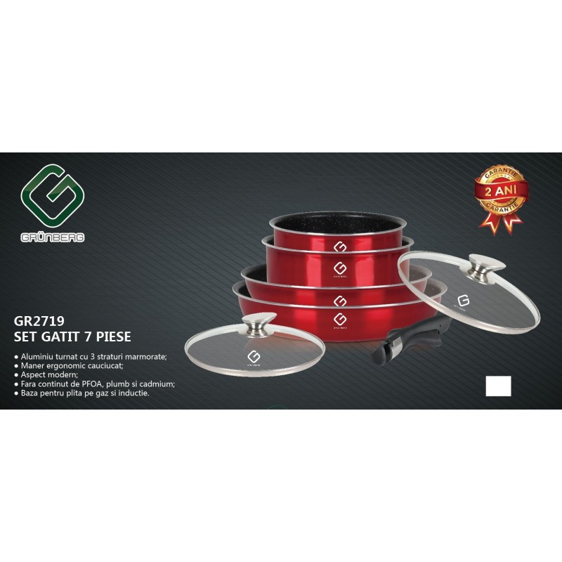 Set 7 piese: 4 vase din aluminiu, compatibile cu plita inductie, 2 capace sticla, 1 maner detasabil, Grunberg GR2719 (rosu)
