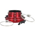 Set 7 piese: 4 vase din aluminiu, compatibile cu plita inductie, 2 capace sticla, 1 maner detasabil, Grunberg GR2719 (rosu)