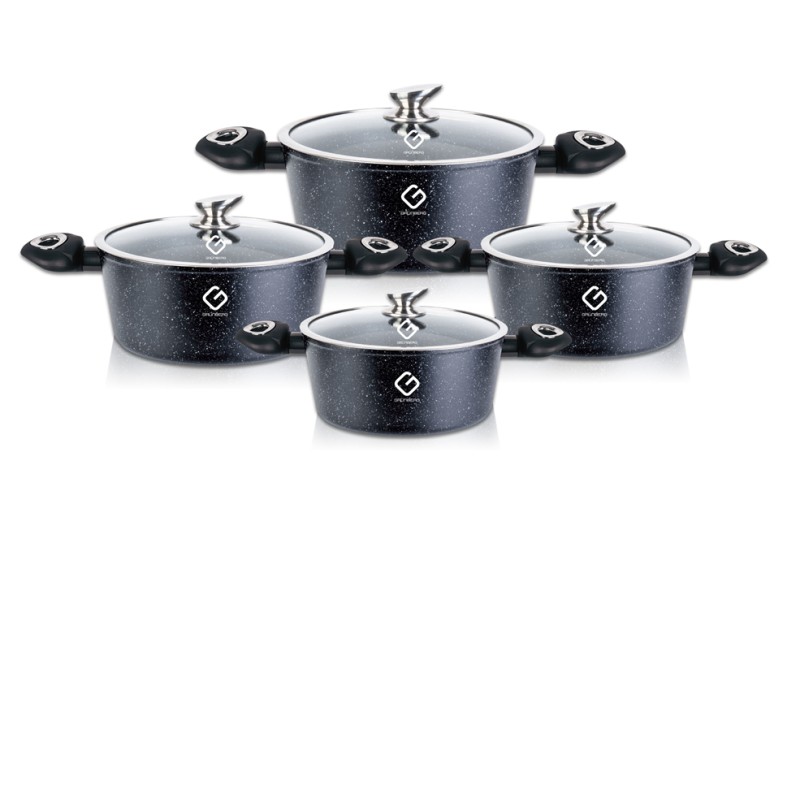 Set 8 piese: 4 vase din aluminiu, compatibile cu plita cu inductie, cu capace din sticla, Grunberg GR2716 (albastru)