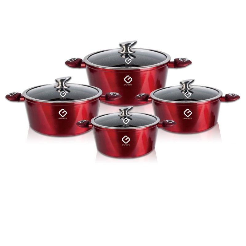 Set 8 piese: 4 vase din aluminiu, compatibile cu plita cu inductie, cu capace din sticla, Grunberg GR2716 (rosu)