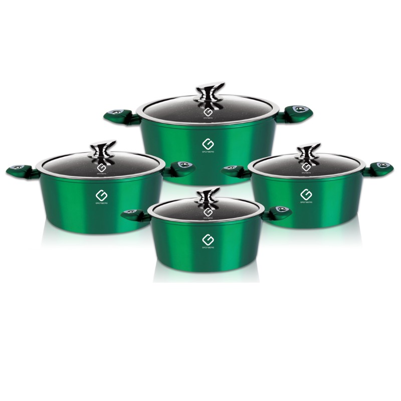 Set 8 piese: 4 vase din aluminiu, compatibile cu plita cu inductie, cu capace din sticla, Grunberg GR2716 (verde)