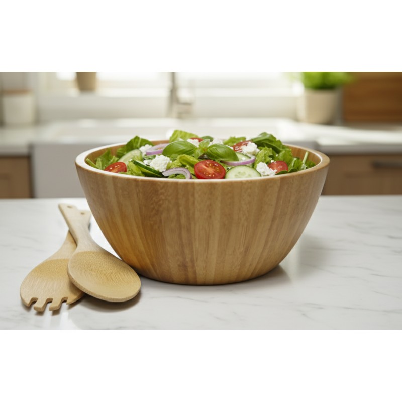 Set bol pentru salata si 2 ustensile, din bambus, Grunberg BM6356