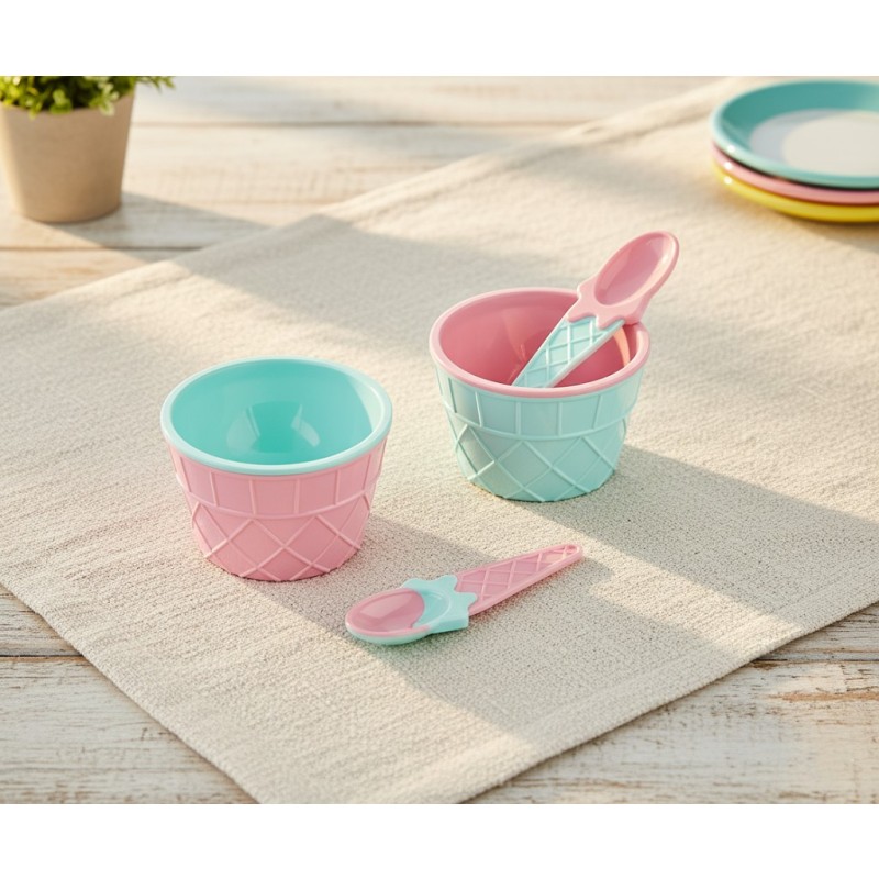 Set doua boluri cu lingurite pentru servit inghetata, din plastic, Qlux L00612 (diverse culori) - Imagine
